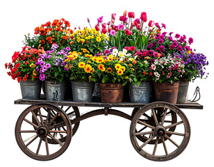 Colorful flower cart with vintage wooden wheels