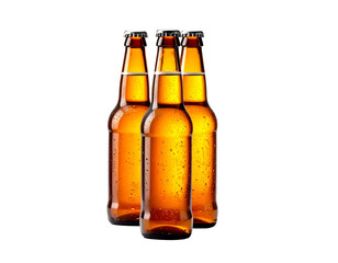 Three amber beer bottles, condensation visible