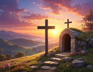 Sunrise over a hillside tomb
