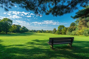 Tranquil park scene under a blue sky