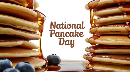 Stacks of golden pancakes with syrup and blueberries celebrating National Pancake Day