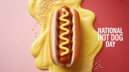 A hot dog with mustard on a bun, presented on a yellow sauce background with text celebrating National Hot Dog Day