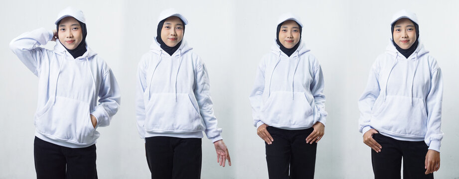 Set collection or collage of Asian muslim female model in hijab wearing white hoodie and cap that can be edit for mockup design isolated on white background