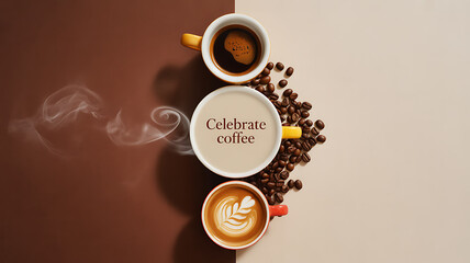 Three coffee cups with steam, latte art, and coffee beans arranged vertically on a split background