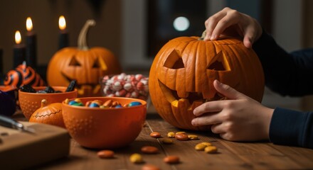 Two people carefully carving the details into a large Halloween pumpkin