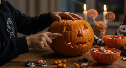A person adding a glowing candle to a freshly carved jack-o'-lantern