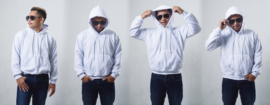 Set collection or collage of Asian male model wearing white hoodie that can be edit for mockup design isolated on white background