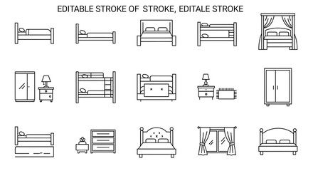 Clean line drawings of various bedroom furniture pieces, including beds, dressers, wardrobes, and bedside tables.