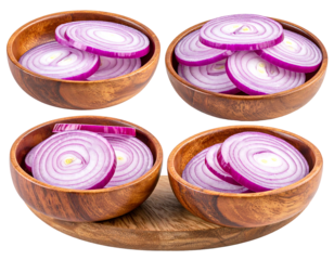 Four wooden bowls filled with sliced red onions