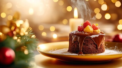 Festive Chocolate Cake Delight: A beautifully decorated chocolate cake, topped with fresh berries, sits on a gold plate, steam rising gently against a backdrop of warm candlelight and bokeh lights.