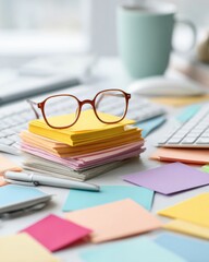 Modern Organized Workspace with Glasses and Colorful Paper Premium Professional Office Setup for Productivity and Business Marketing Campaigns