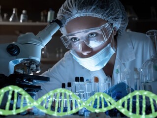 Professional Female Scientist Using Microscope for Genetic Research High-Quality, Modern Biotechnology and Healthcare Innovation Content for Marketing