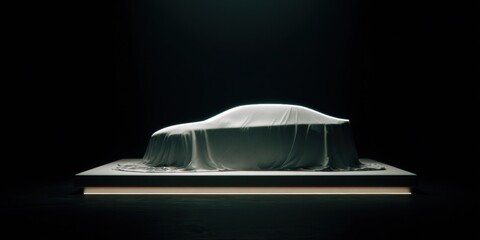 Sleek Modern Car Covered with Draped Sheet on Illuminated Platform Premium Automotive Innovation Reveal for Professional Marketing and Advertising Campaigns