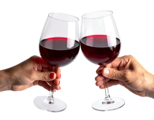Two hands clinking wine glasses filled with red wine