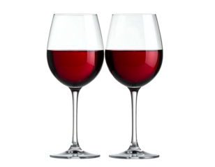 Two stemmed wine glasses filled with red wine