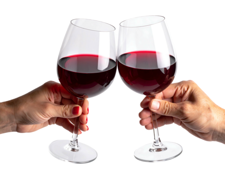 Two hands clinking wine glasses filled with red wine - Powered by Adobe