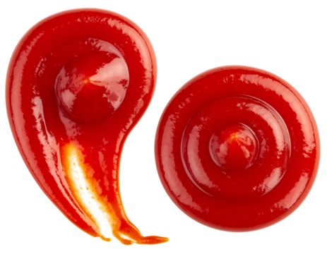 Two swirls of red sauce, one in a comma shape, the other a circle