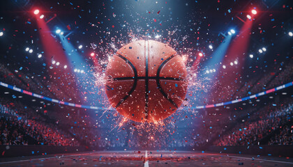 motion scene of Basketball in Stadium, atmosphere, glowing red and blue lights with glistening specular highlights.
