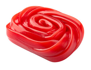 Oval, vibrant red, gummy candy, swirling texture
