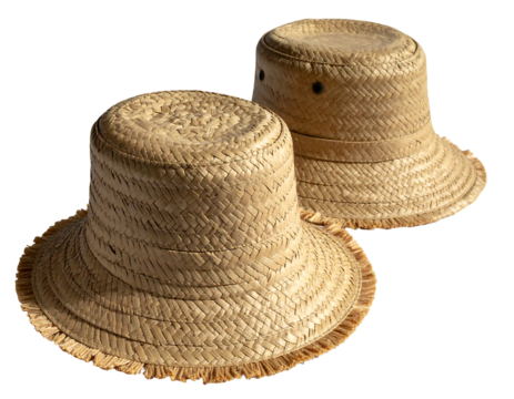Two straw hats, light beige color, woven, with frayed edges