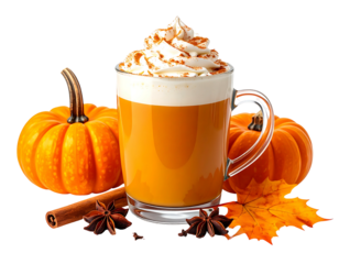 Autumnal pumpkin spice latte in glass mug, two pumpkins, cinnamon, star anise, and autumn leaves