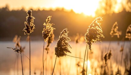 Sunrise over a misty lake, reeds in the foreground