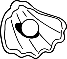 Black and white line drawing of an oyster shell with a pearl