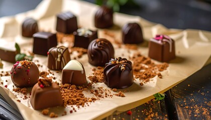 Assortment of gourmet chocolates on parchment paper