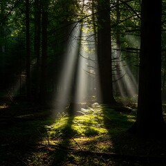 Fototapeta premium Sunlight Piercing Dark Forest.