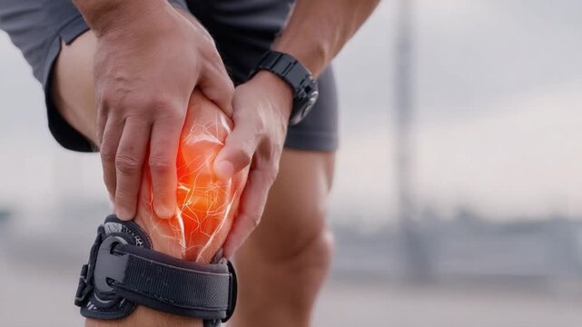 Knee Pain: An up-close view depicts a person, with their knee highlighted and detailed, revealing the intricacies of a joint afflicted by pain. This visual aims to highlight health awareness and care.