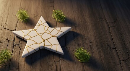 A white Christmas star ornament repaired with the Japanese art of kintsugi, a concept of finding beauty in imperfection.
