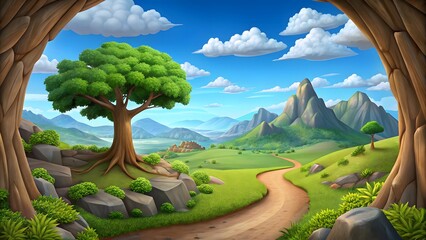 A mountainous view through a rocky cave, with a blue sky, clouds, and a dirt path leading to a giant foreground tree.