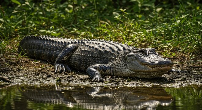 Large alligator resting near water