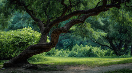 Fototapeta premium Curved tree branches over grassy path in lush park with greenery closing in from both sides, creating a serene and peaceful natural space for relaxation and reflection.