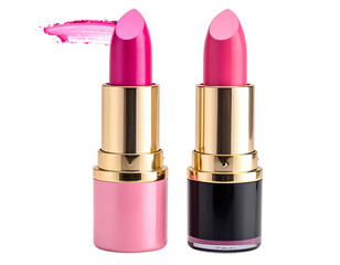 Fototapeta premium Two vibrant pink lipsticks, one with a pink casing, the other with a black, angled slightly apart, a smear of pink lipstick trailing from one
