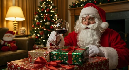 Santa claus drinking wine and examining gifts