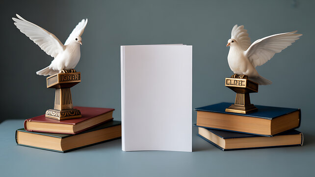 Two white doves perched on book stacks with a blank book in the center, symbolizing peace and knowledge.