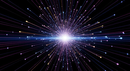 Illuminated lines burst forth from a brilliant central point, wallpaper, a vibrant display of light particles and a hint of motion against the dark. Hints of colors create a dynamic visual experience.