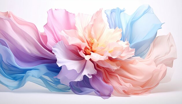 Abstract, ethereal flower form created by flowing pastel fabrics on a white background, suggesting lightness and movement