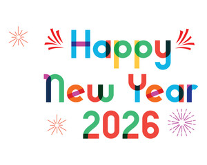 Happy New Year 2026 colorful typography with fireworks, festive holiday template for greeting card, poster or banner.