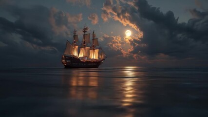 Ship at night under moonlit sky