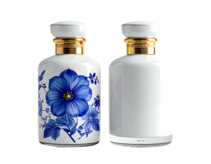 Two white perfume bottles, ornate with blue floral designs