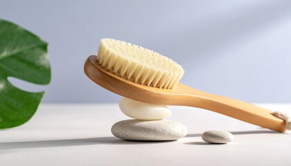 Spa scene with a wooden brush atop smooth stones, a green leaf, and soft light casting shadows on a serene, pale blue background
