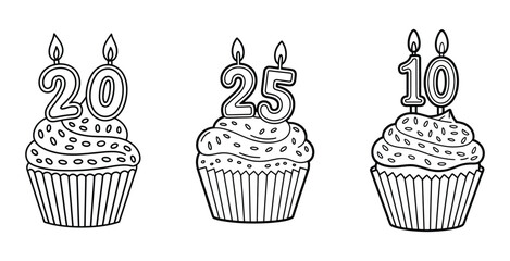 Three birthday cupcakes with candles shaped like the numbers 20 25 and 10 in a line