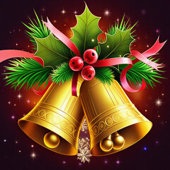 Luxurious Golden Bells Ornament with Ribbons and Holly