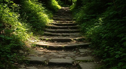 Stone path through lush foliage