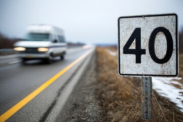 Speed limit sign showing 40 with a blurred van on an asphalt road