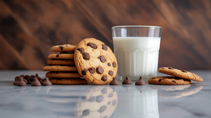 Stack of chocolate chip cookies with a glass of milk on a marble surface