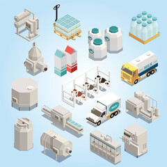 Obraz premium Isometric Dairy Factory Illustration, Milk Production Equipment, and Transportation Vehicles