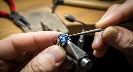 A jeweler meticulously sets a vibrant blue gemstone into a ring using specialized tools and a magnifying lamp.